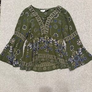 Y2K Emma G Women Olive Green Floral Boho Bell Sleeve Lace Up Blouse Medium